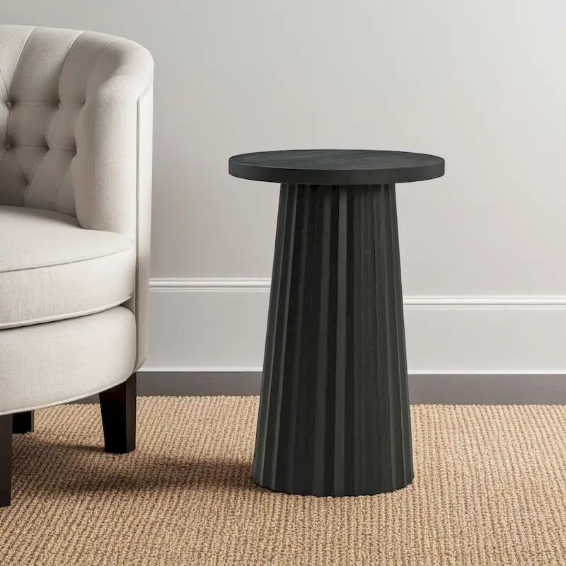 Ceil Round Accent Table with Classic Black Fluted Solid Wood Base - 14 Inches 1