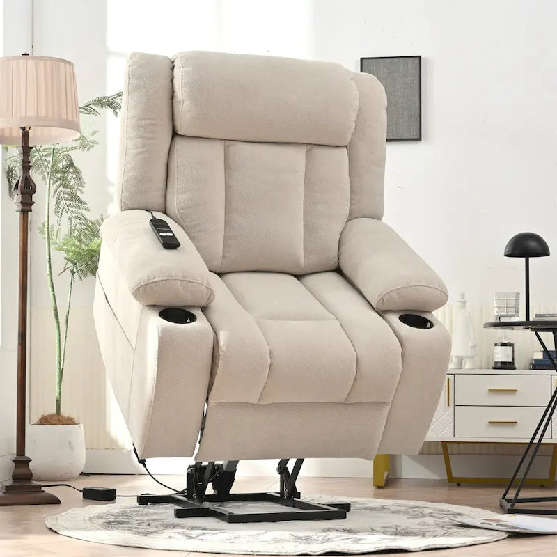 Elevated Recliner Chair for Seniors - Fabric Lift Chair with Extended Footrest, Dual Cup Holders, Side Pockets, and Remote Control 1