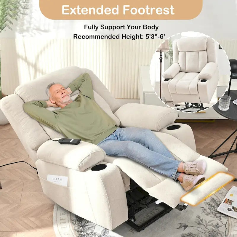 Elevated Recliner Chair for Seniors - Fabric Lift Chair with Extended Footrest, Dual Cup Holders, Side Pockets, and Remote Control 2
