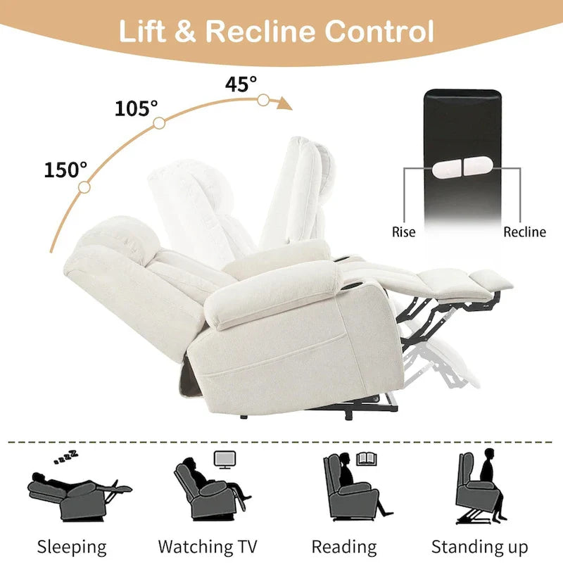 Elevated Recliner Chair for Seniors - Fabric Lift Chair with Extended Footrest, Dual Cup Holders, Side Pockets, and Remote Control 3