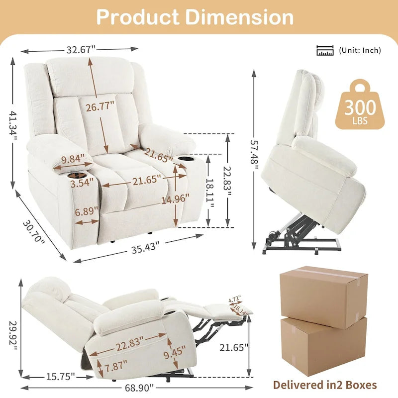 Elevated Recliner Chair for Seniors - Fabric Lift Chair with Extended Footrest, Dual Cup Holders, Side Pockets, and Remote Control 4