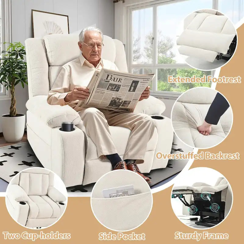 Elevated Recliner Chair for Seniors - Fabric Lift Chair with Extended Footrest, Dual Cup Holders, Side Pockets, and Remote Control 6