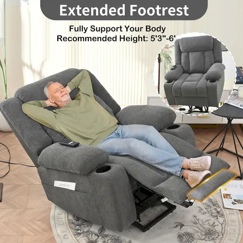 Elevated Recliner Chair for Seniors - Fabric Lift Chair with Extended Footrest, Dual Cup Holders, Side Pockets, and Remote Control 13