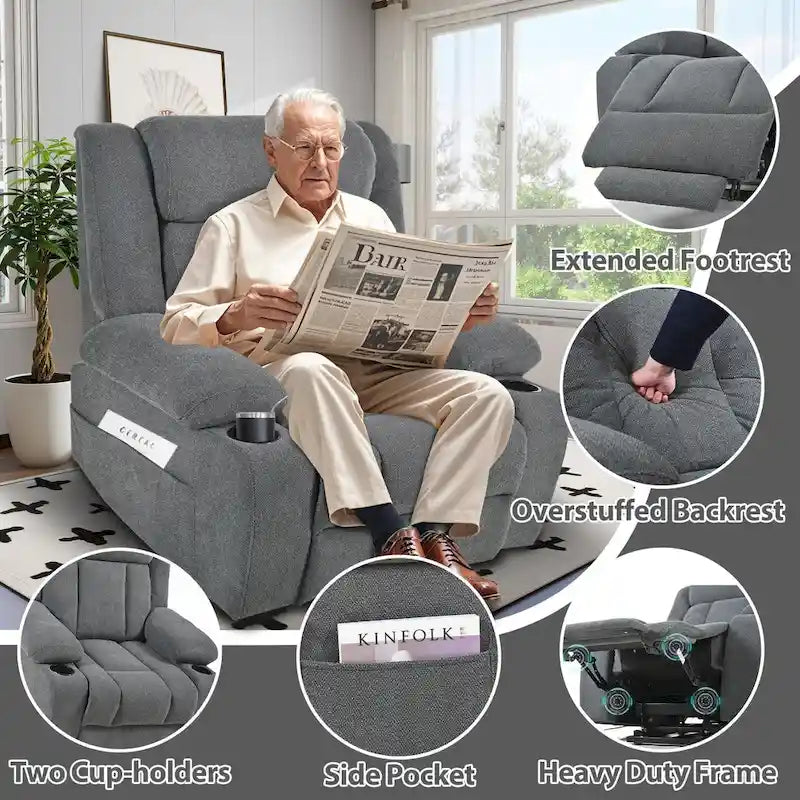 Elevated Recliner Chair for Seniors - Fabric Lift Chair with Extended Footrest, Dual Cup Holders, Side Pockets, and Remote Control 15