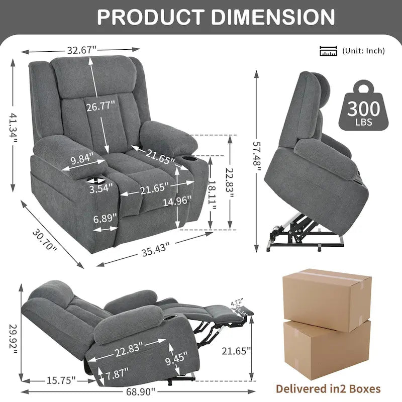 Elevated Recliner Chair for Seniors - Fabric Lift Chair with Extended Footrest, Dual Cup Holders, Side Pockets, and Remote Control 16