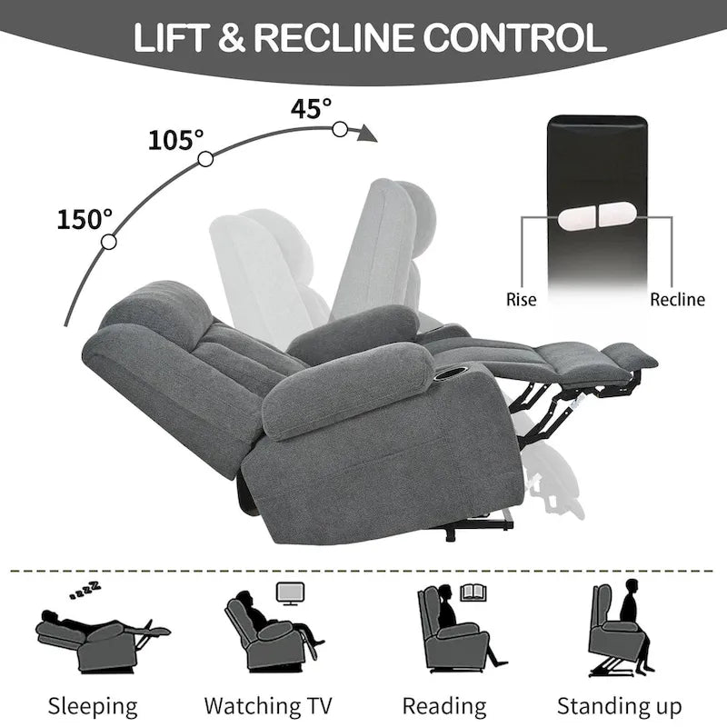 Elevated Recliner Chair for Seniors - Fabric Lift Chair with Extended Footrest, Dual Cup Holders, Side Pockets, and Remote Control 17