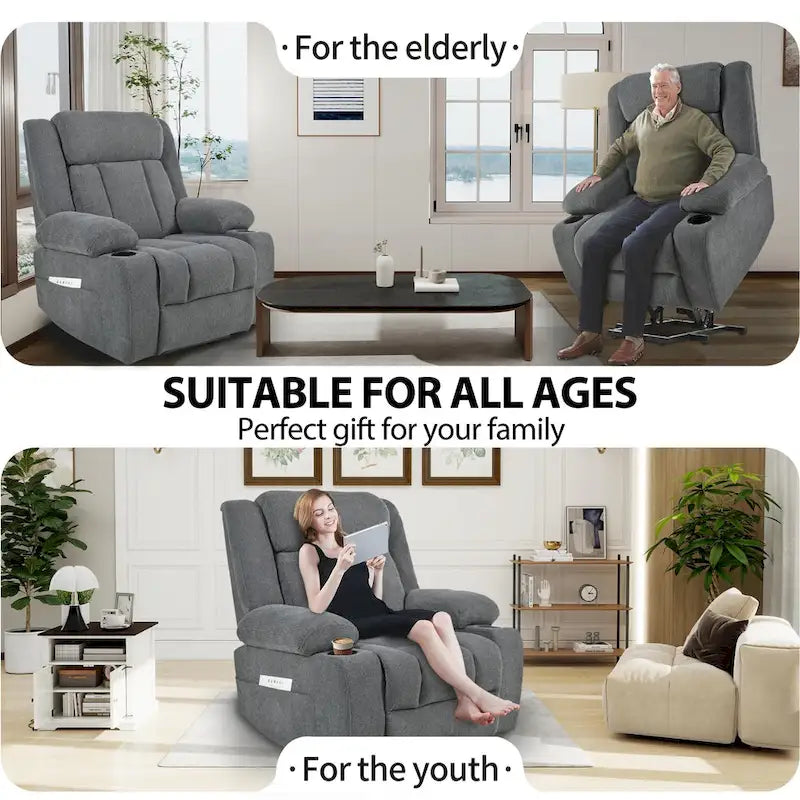 Elevated Recliner Chair for Seniors - Fabric Lift Chair with Extended Footrest, Dual Cup Holders, Side Pockets, and Remote Control 18