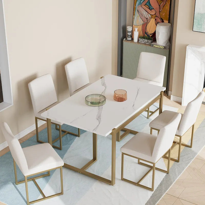 GDFStudio Carter Contemporary Rectangular Dining Set with Faux Marble Table and Six Upholstered Chairs 1