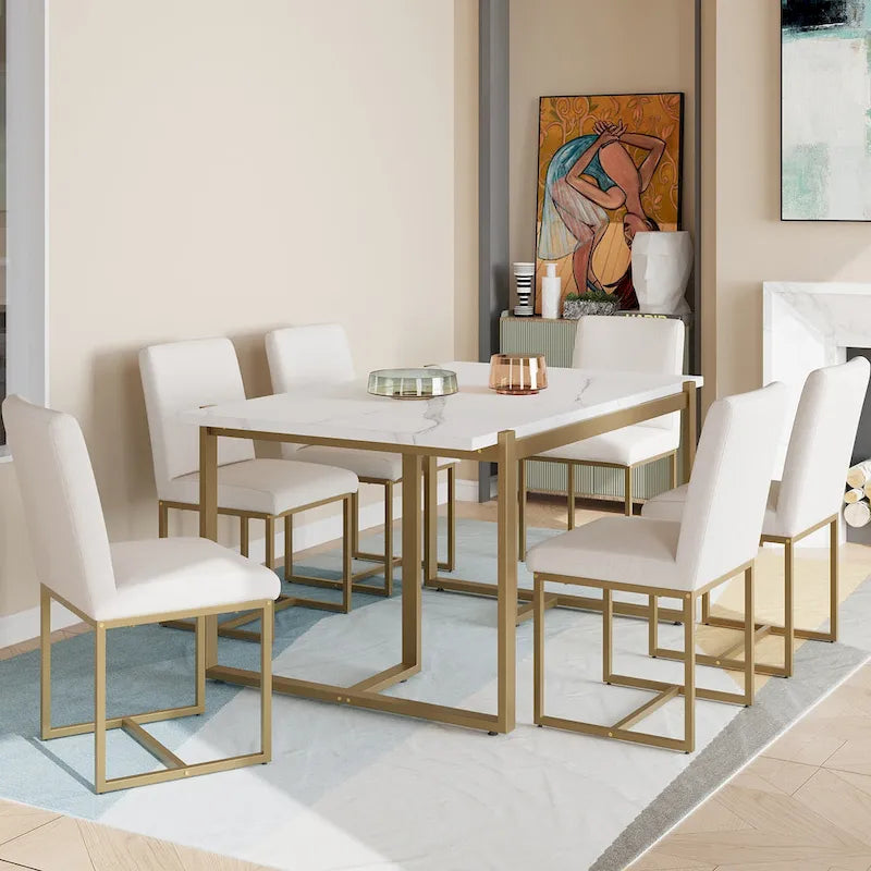 GDFStudio Carter Contemporary Rectangular Dining Set with Faux Marble Table and Six Upholstered Chairs 2