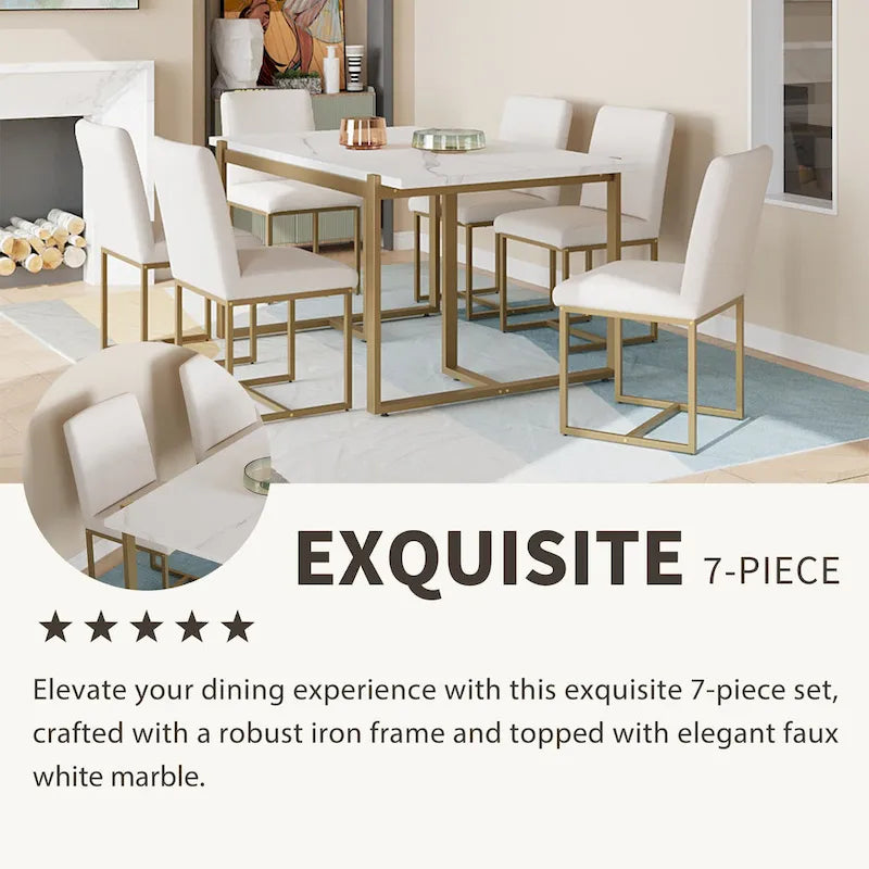 GDFStudio Carter Contemporary Rectangular Dining Set with Faux Marble Table and Six Upholstered Chairs 3