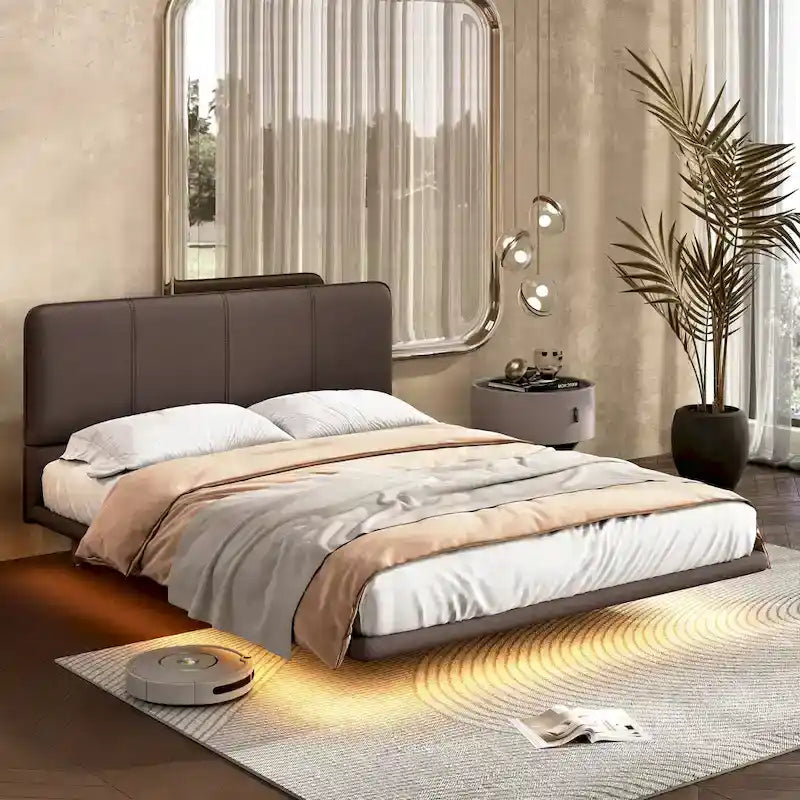 Christopher Knight Home Korli Contemporary Upholstered Leather Floating Bed Frame and Headboard Set with LED Lighting 2