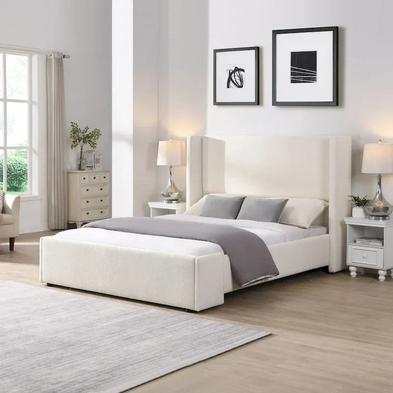 Isabella Queen White Upholstered Bed with Tall Wingback Headboard by Christopher Knight Home 1