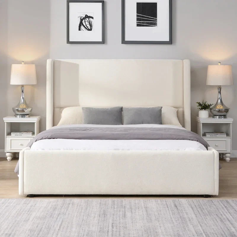 Isabella Queen White Upholstered Bed with Tall Wingback Headboard by Christopher Knight Home 2