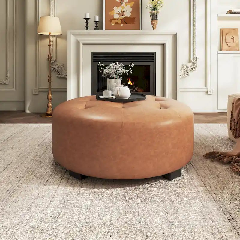 Christopher Knight Home Round Ottoman with Button Tufting in PU Leather 10