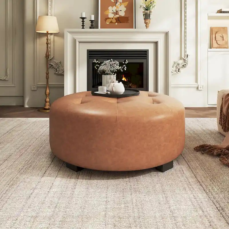 Christopher Knight Home Round Ottoman with Button Tufting in PU Leather 1