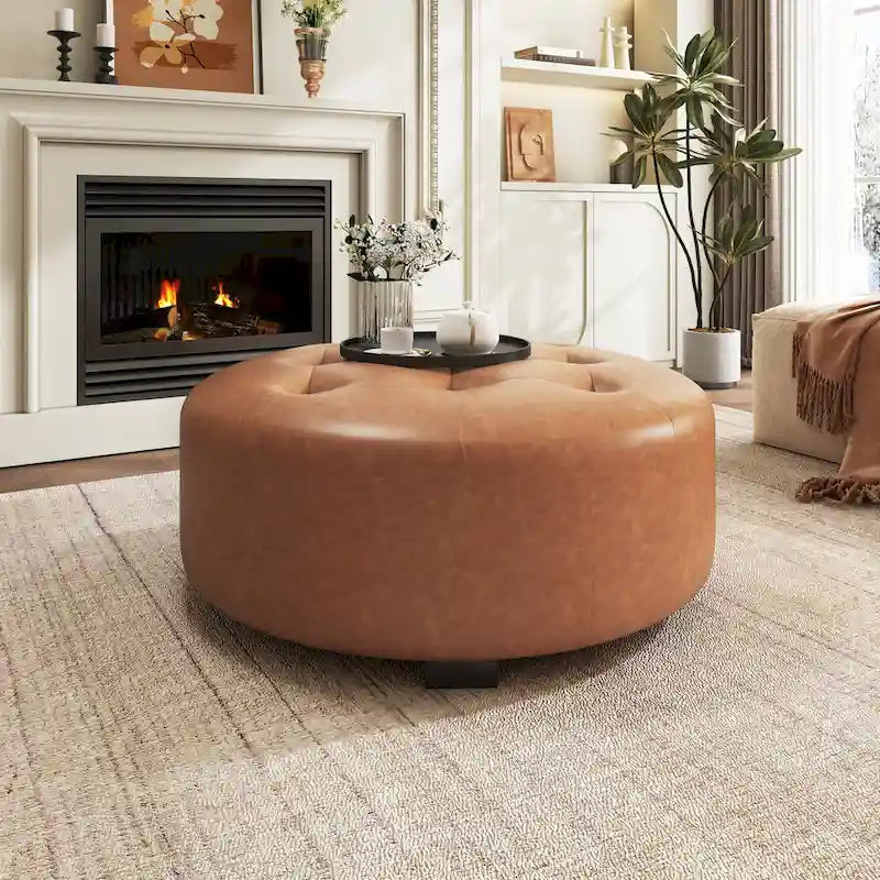 Christopher Knight Home Round Ottoman with Button Tufting in PU Leather 2