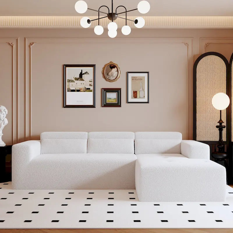 L Shaped Sectional Sofa with Upholstered Cushions and Modular Design