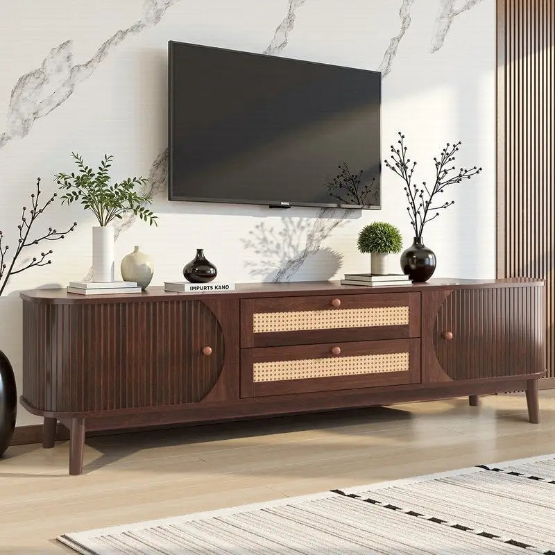 Rattan Media Console TV Stand for TVs Up to 75 Inches with Sturdy Solid Wood Legs 1