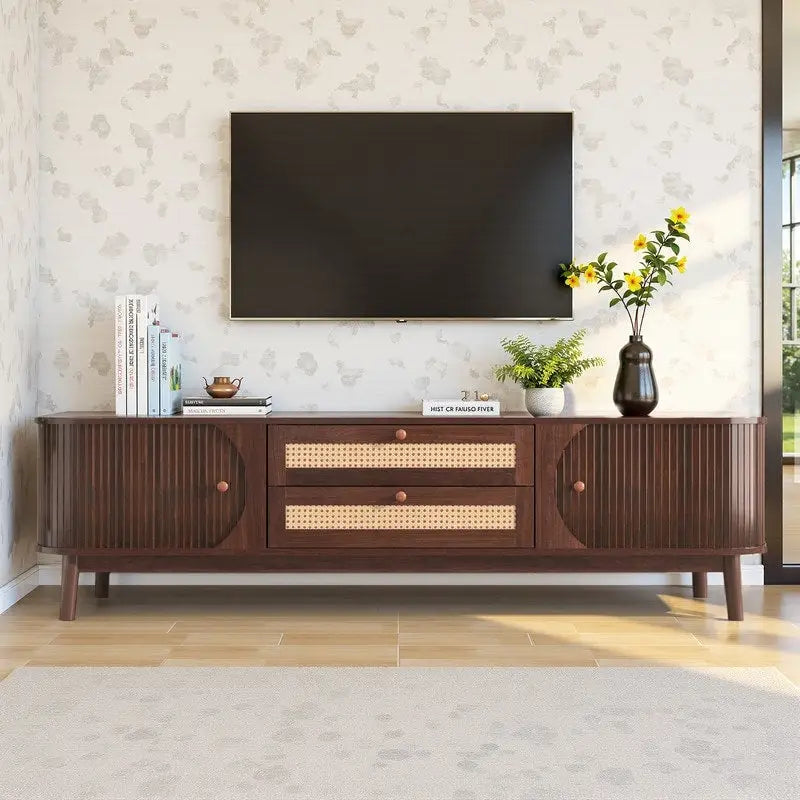 Rattan Media Console TV Stand for TVs Up to 75 Inches with Sturdy Solid Wood Legs 2
