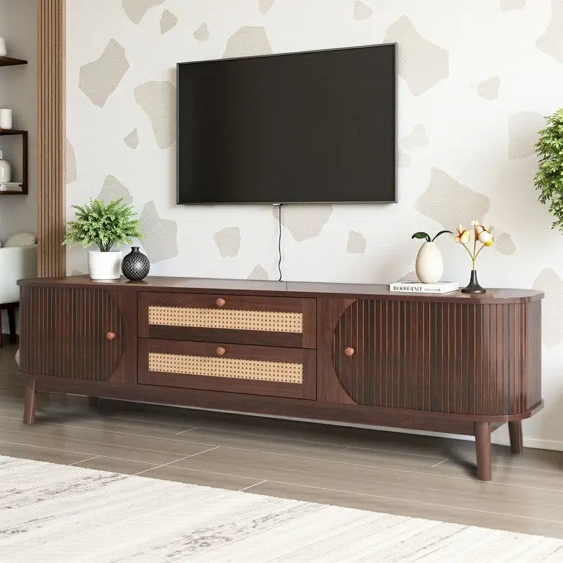 Rattan Media Console TV Stand for TVs Up to 75 Inches with Sturdy Solid Wood Legs 4