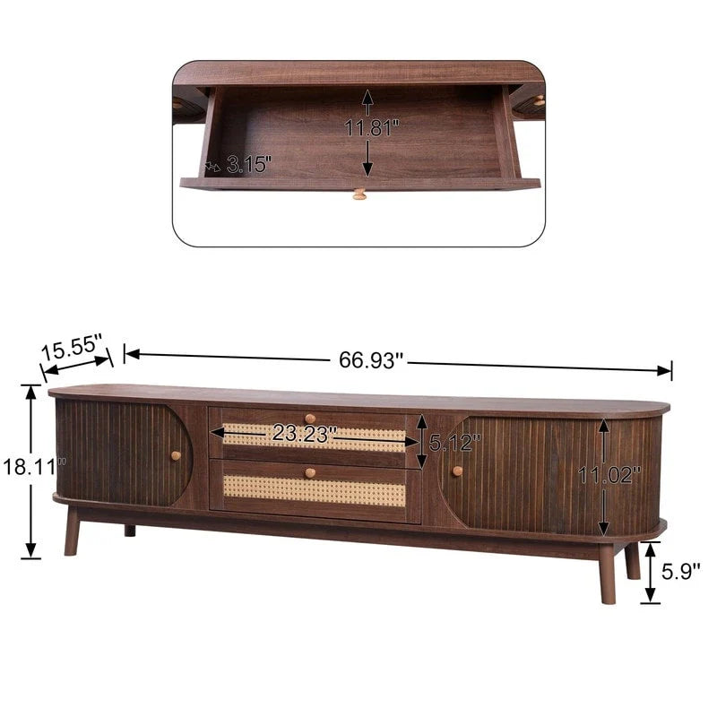 Rattan Media Console TV Stand for TVs Up to 75 Inches with Sturdy Solid Wood Legs 12