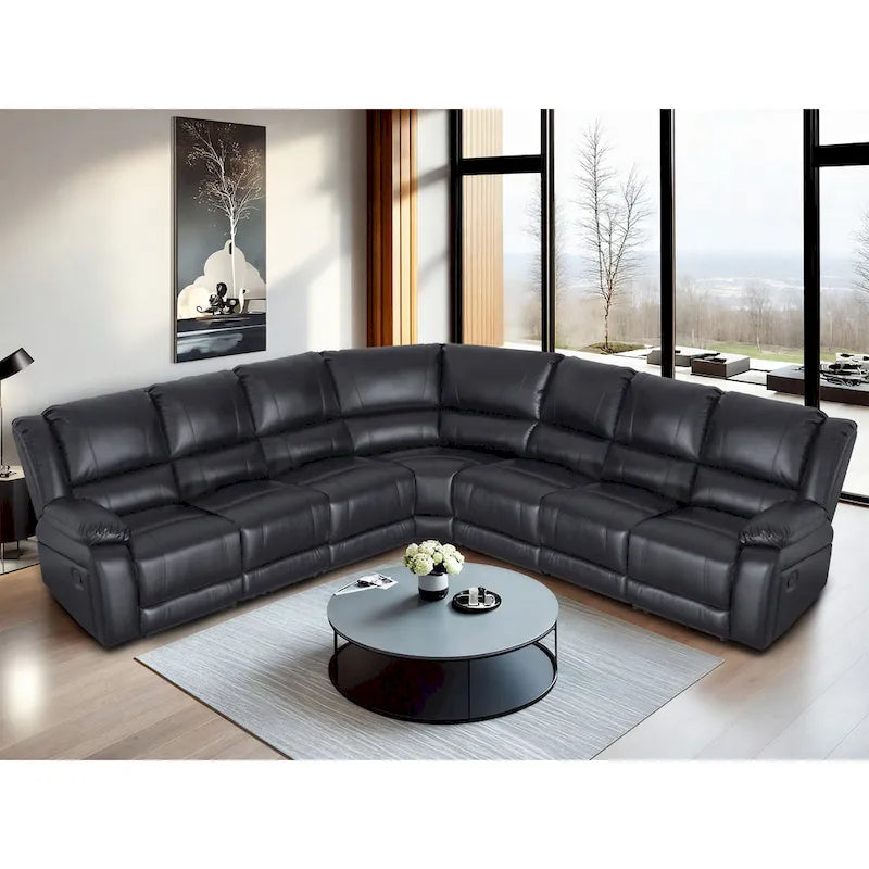 129W 7-Seat Faux Leather Manual Reclining Large Sectional Sofa 4