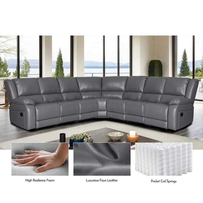129W 7-Seat Faux Leather Manual Reclining Large Sectional Sofa 13