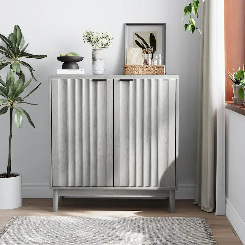 Freestanding Wash Grey Fluted Sideboard Cabinet with Adjustable Shelf - Stylish Wood Storage Solution 1
