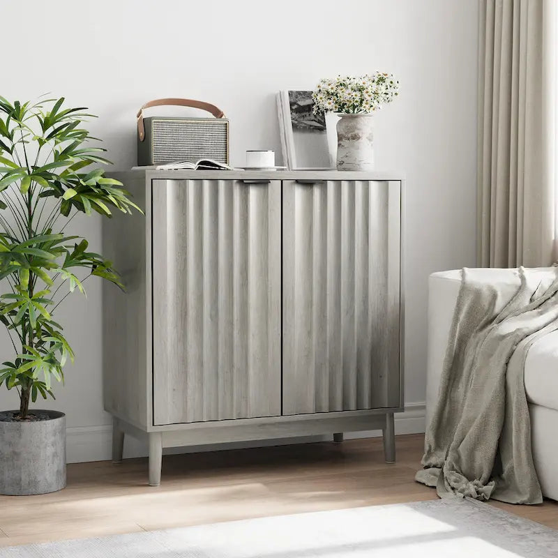 Freestanding Wash Grey Fluted Sideboard Cabinet with Adjustable Shelf - Stylish Wood Storage Solution 2
