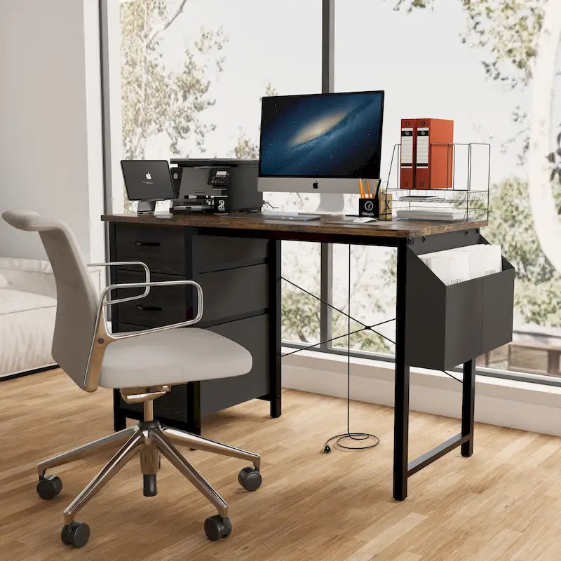 Contemporary Computer Desk with Built-in Charging Station and Versatile Reversible Storage Drawers for Home Office or Study 16