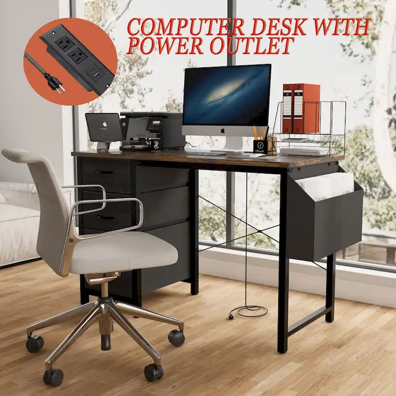 Contemporary Computer Desk with Built-in Charging Station and Versatile Reversible Storage Drawers for Home Office or Study 4