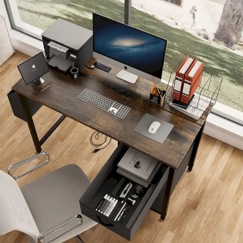 Contemporary Computer Desk with Built-in Charging Station and Versatile Reversible Storage Drawers for Home Office or Study 5
