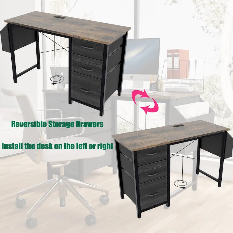 Contemporary Computer Desk with Built-in Charging Station and Versatile Reversible Storage Drawers for Home Office or Study 6