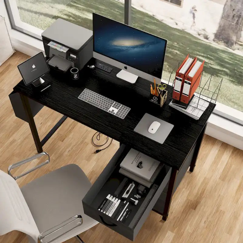 Contemporary Computer Desk with Built-in Charging Station and Versatile Reversible Storage Drawers for Home Office or Study 11