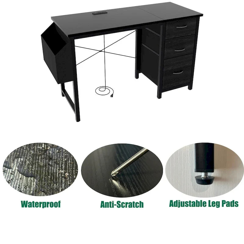 Contemporary Computer Desk with Built-in Charging Station and Versatile Reversible Storage Drawers for Home Office or Study 12