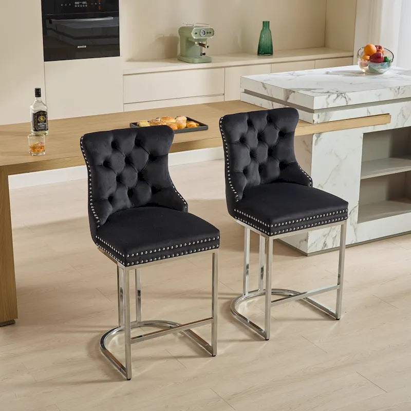 Contemporary Set of 2 Bar Stools with Button-Tufted Back and Studded Trim, Chrome Metal Base - Ideal for Dining Room, Living Room, and Bedroom 34