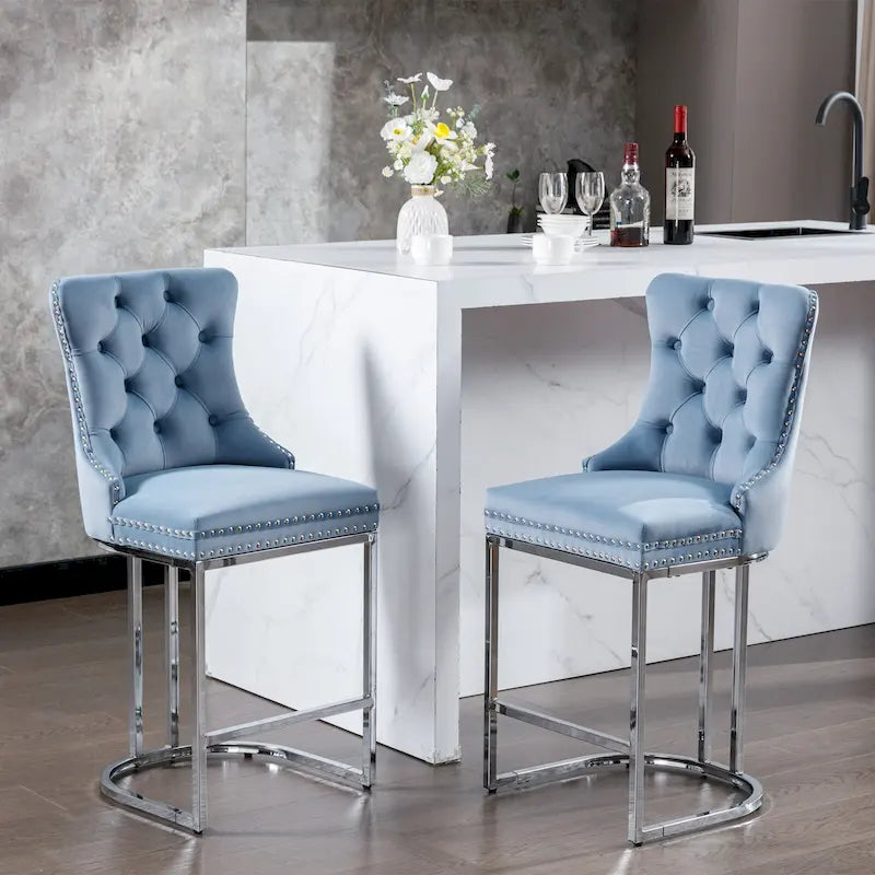 Contemporary Set of 2 Bar Stools with Button-Tufted Back and Studded Trim, Chrome Metal Base - Ideal for Dining Room, Living Room, and Bedroom 35
