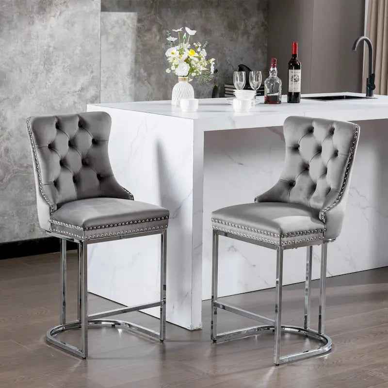 Contemporary Set of 2 Bar Stools with Button-Tufted Back and Studded Trim, Chrome Metal Base - Ideal for Dining Room, Living Room, and Bedroom 36