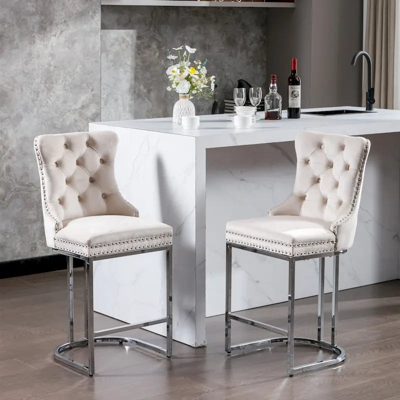 Contemporary Set of 2 Bar Stools with Button-Tufted Back and Studded Trim, Chrome Metal Base - Ideal for Dining Room, Living Room, and Bedroom 38