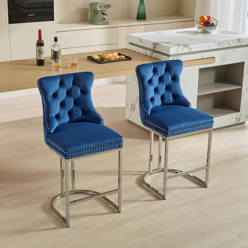 Contemporary Set of 2 Bar Stools with Button-Tufted Back and Studded Trim, Chrome Metal Base - Ideal for Dining Room, Living Room, and Bedroom 1