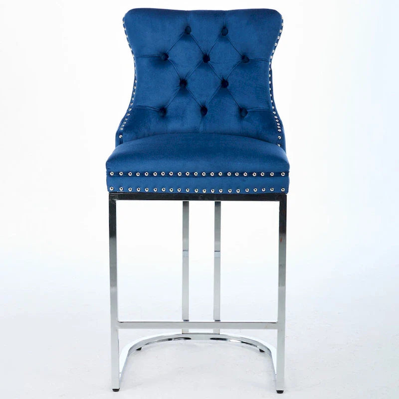Contemporary Set of 2 Bar Stools with Button-Tufted Back and Studded Trim, Chrome Metal Base - Ideal for Dining Room, Living Room, and Bedroom 2