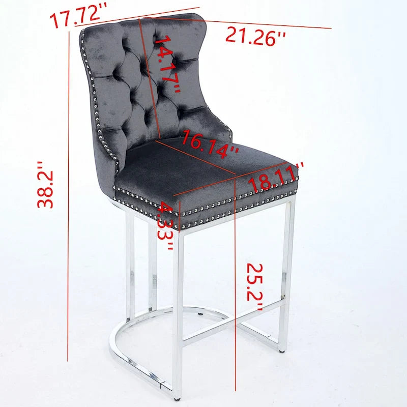 Contemporary Set of 2 Bar Stools with Button-Tufted Back and Studded Trim, Chrome Metal Base - Ideal for Dining Room, Living Room, and Bedroom 3