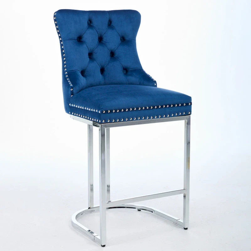 Contemporary Set of 2 Bar Stools with Button-Tufted Back and Studded Trim, Chrome Metal Base - Ideal for Dining Room, Living Room, and Bedroom 4