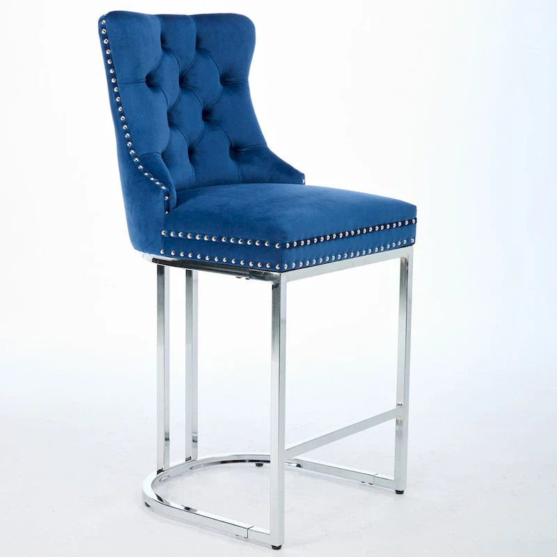Contemporary Set of 2 Bar Stools with Button-Tufted Back and Studded Trim, Chrome Metal Base - Ideal for Dining Room, Living Room, and Bedroom 5