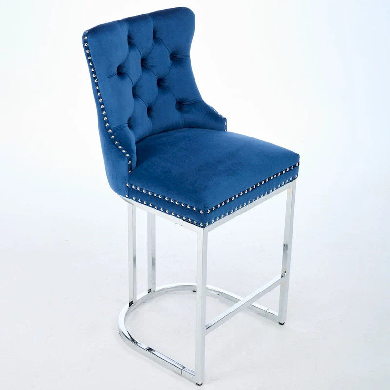 Contemporary Set of 2 Bar Stools with Button-Tufted Back and Studded Trim, Chrome Metal Base - Ideal for Dining Room, Living Room, and Bedroom 6