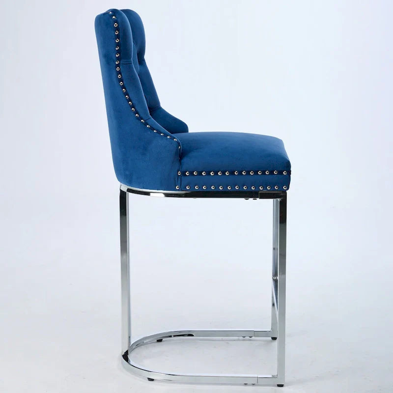 Contemporary Set of 2 Bar Stools with Button-Tufted Back and Studded Trim, Chrome Metal Base - Ideal for Dining Room, Living Room, and Bedroom 7