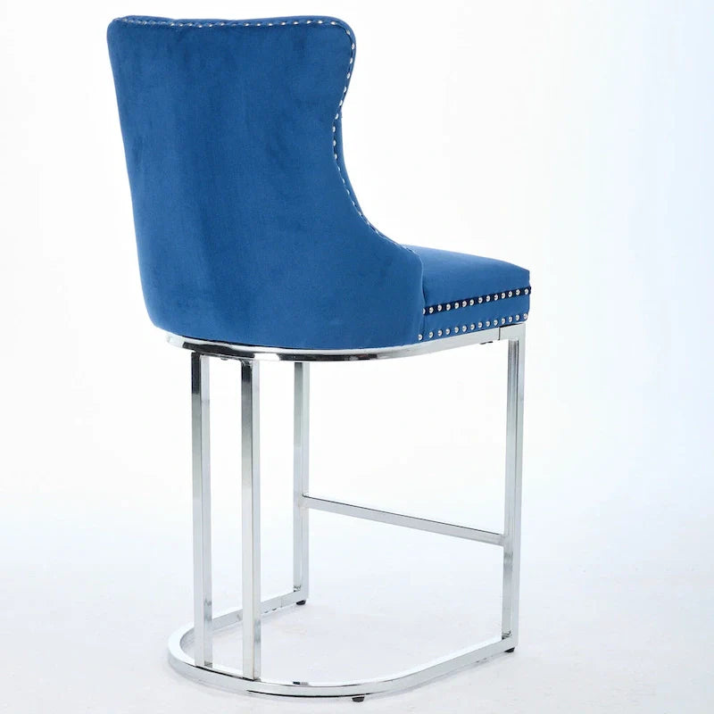 Contemporary Set of 2 Bar Stools with Button-Tufted Back and Studded Trim, Chrome Metal Base - Ideal for Dining Room, Living Room, and Bedroom 8