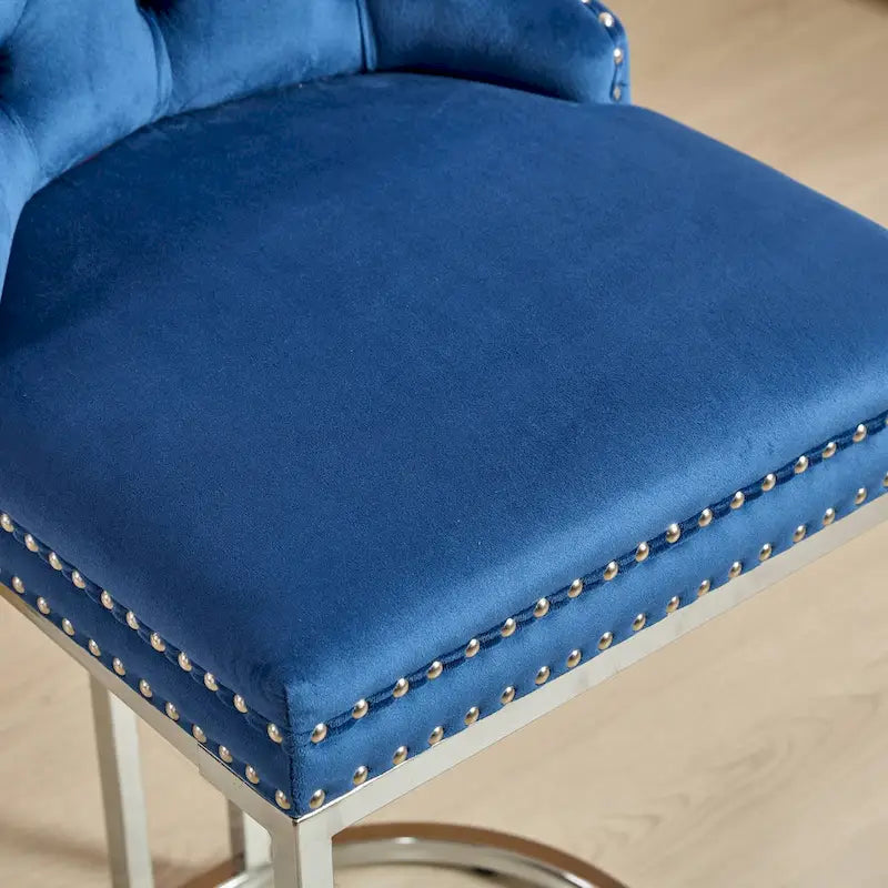 Contemporary Set of 2 Bar Stools with Button-Tufted Back and Studded Trim, Chrome Metal Base - Ideal for Dining Room, Living Room, and Bedroom 13
