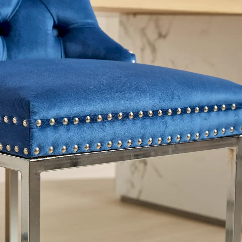 Contemporary Set of 2 Bar Stools with Button-Tufted Back and Studded Trim, Chrome Metal Base - Ideal for Dining Room, Living Room, and Bedroom 14