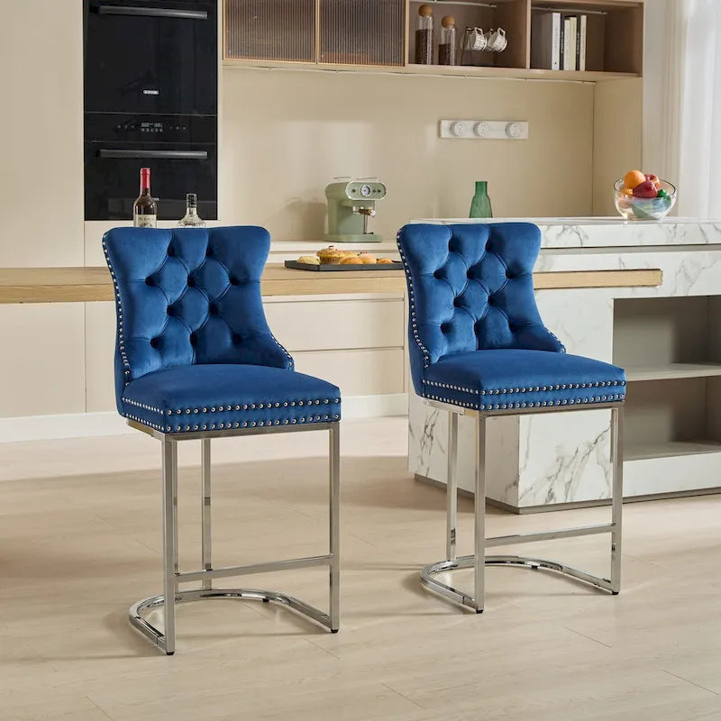 Contemporary Set of 2 Bar Stools with Button-Tufted Back and Studded Trim, Chrome Metal Base - Ideal for Dining Room, Living Room, and Bedroom 16